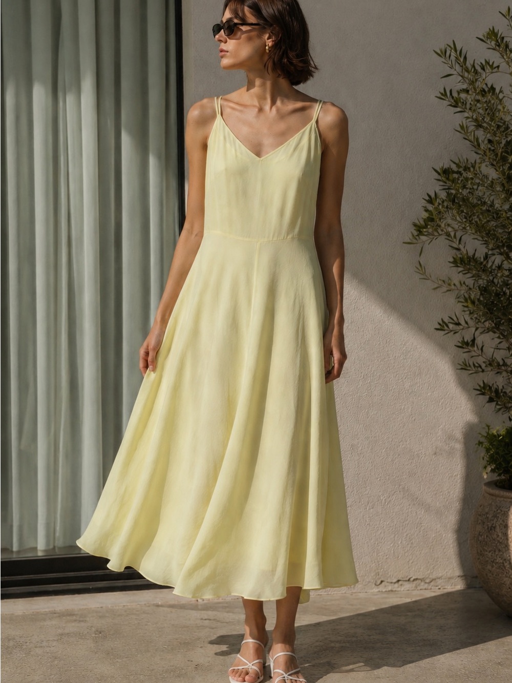 Vince Layered yellow satiny midi slip dress